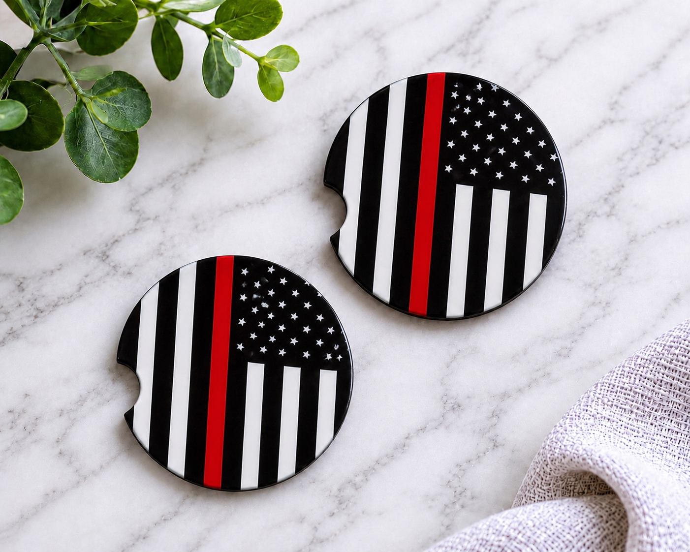 Thin Red Line car coasters with black and white American flag and red stripe design