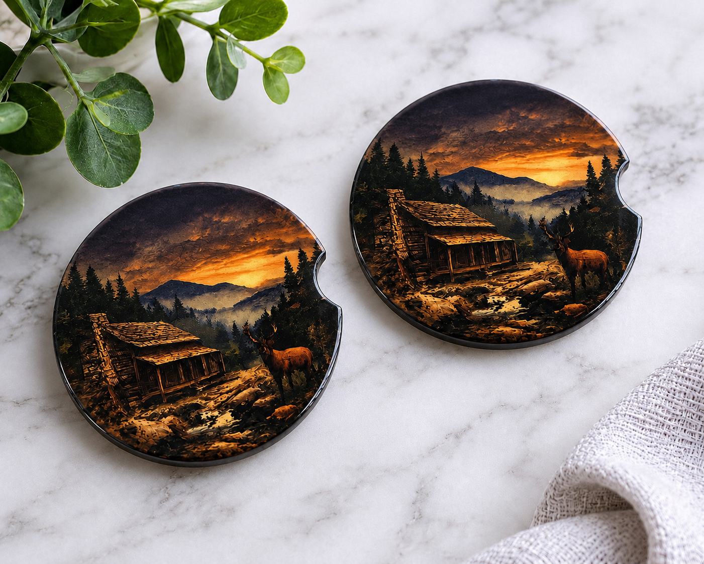 Mountain Cabin Sunset car coasters with rustic log cabin and deer at dusk