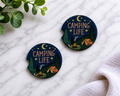Camping Life car coasters with tent campfire moon and stars night scene design