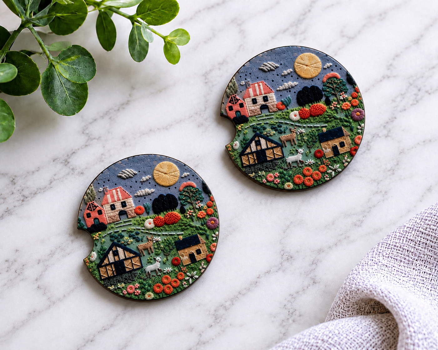 Folk Art Farm Village car coasters with sculpted countryside cottages flowers and goats design