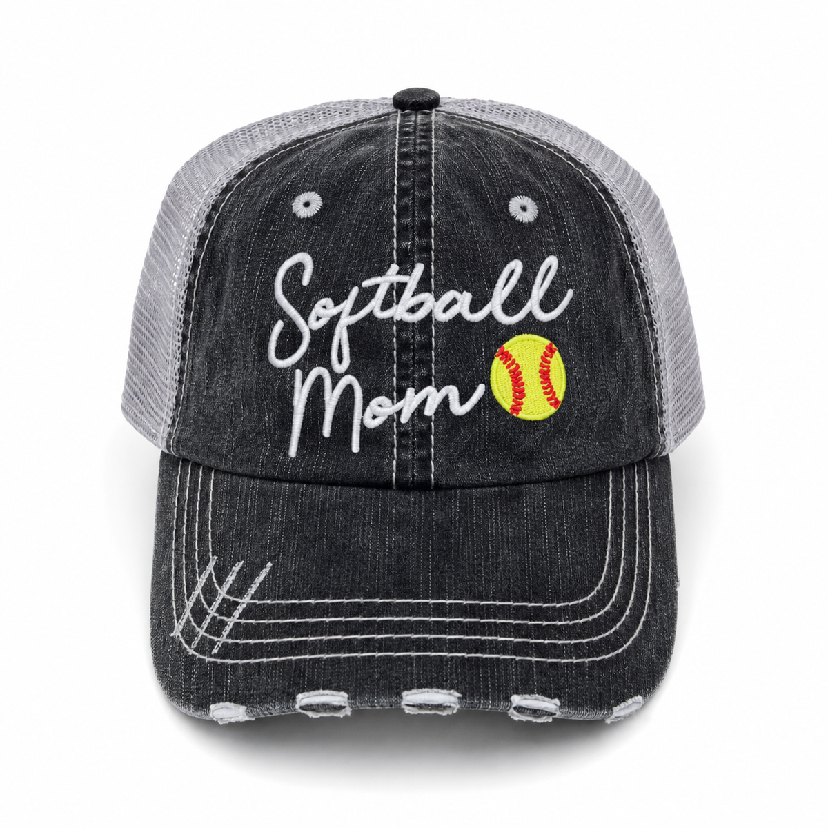 Softball Mom trucker hat in distressed black denim front with white script embroidery and gray mesh back, shown on a white background.
