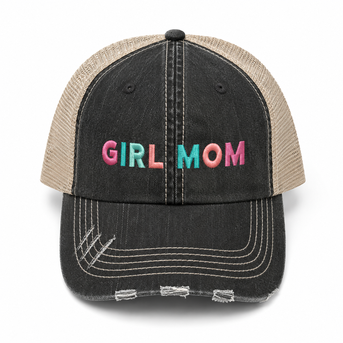 A distressed trucker-style cap with a black washed denim front and brim, beige mesh back panels, and 'GIRL MOM' embroidered across the front in pink, teal, and peach lettering.