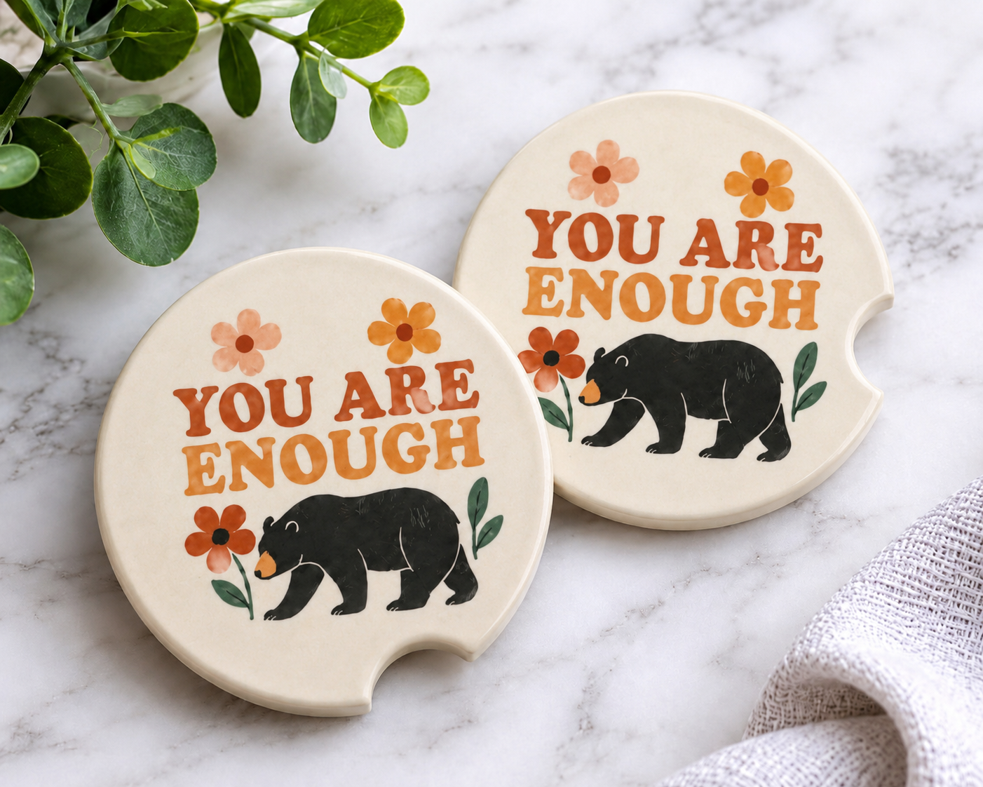 You Are Enough car coasters with black bear and retro floral design