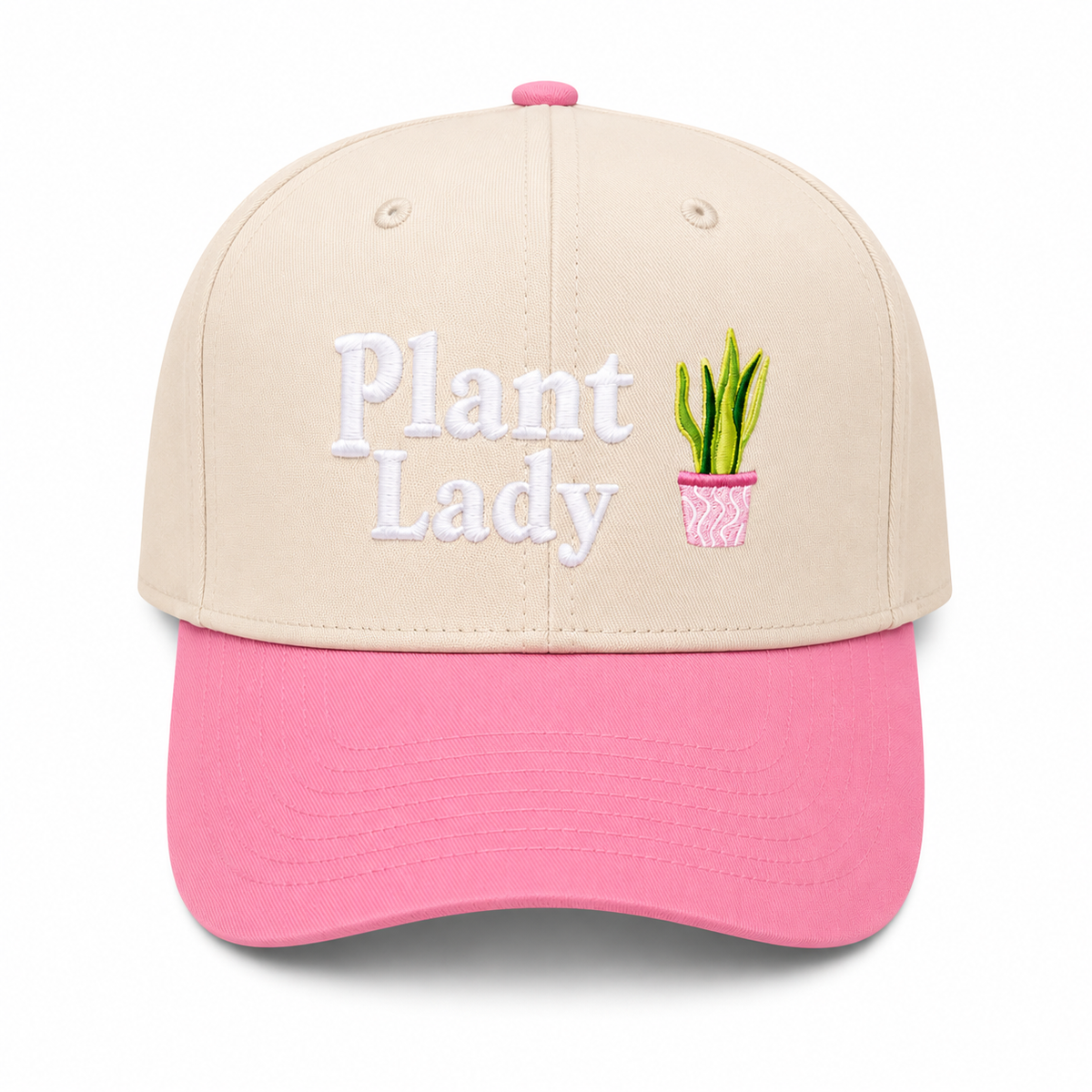 Plant Lady Baseball Cap in cream crown with pink brim and white embroidered "Plant Lady" lettering with potted snake plant graphic, shown on a white background.
