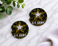 U.S. Army car coasters with camouflage background and gold star emblem design