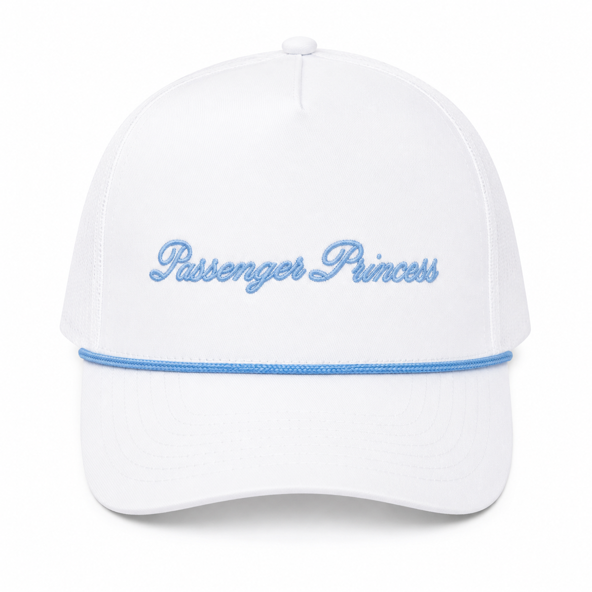 Passenger Princess Trucker Hat in white foam front with light blue embroidered script lettering and coordinating blue rope accent along the brim, shown on a white background.
