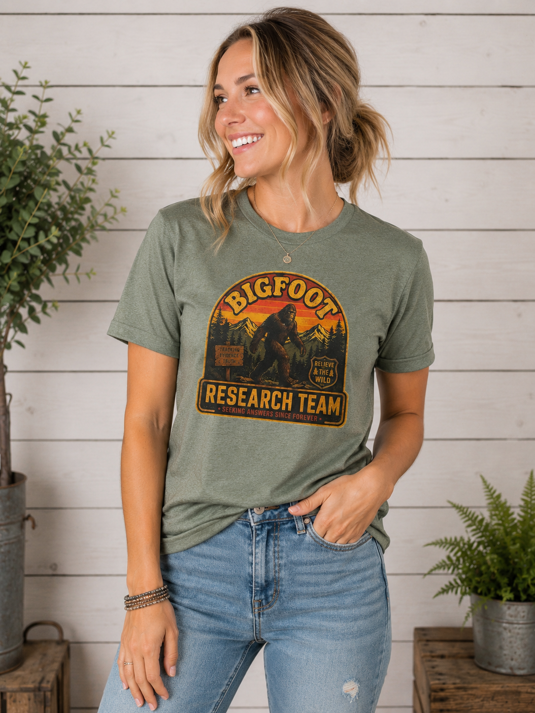 Bigfoot Research Team Graphic Tee in heathered sage green