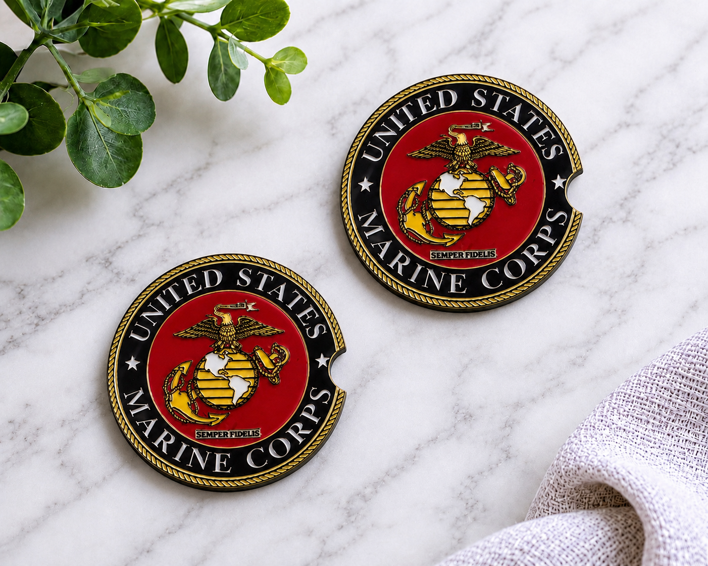 United States Marine Corps car coasters with USMC Eagle Globe and Anchor emblem on red and black background
