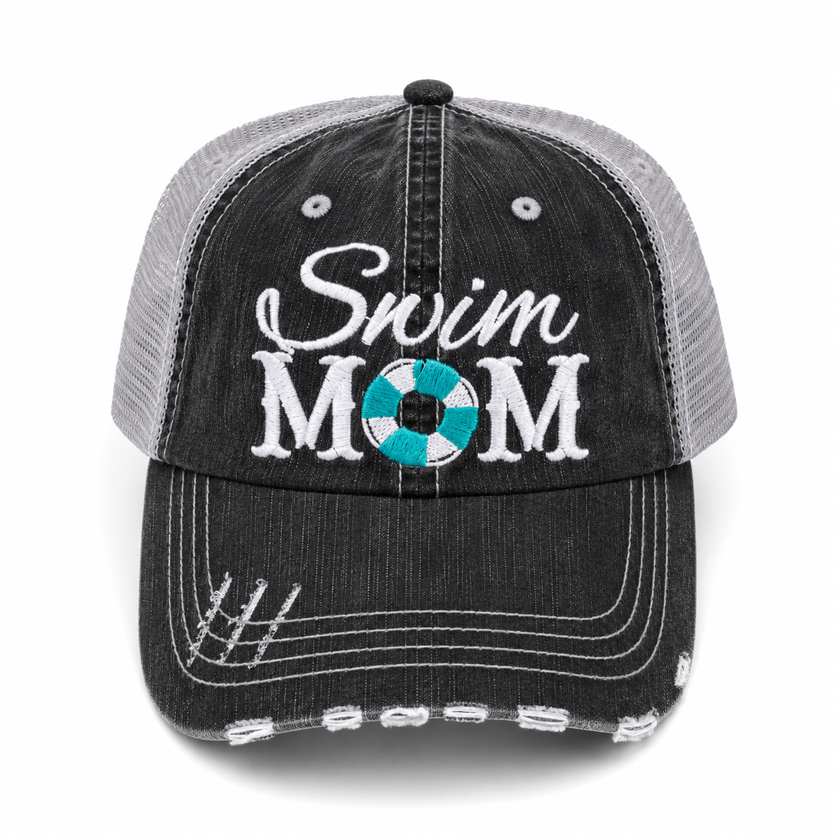 Swim Mom trucker hat in distressed black denim front with white embroidery and teal life preserver detail, shown on a white background.
