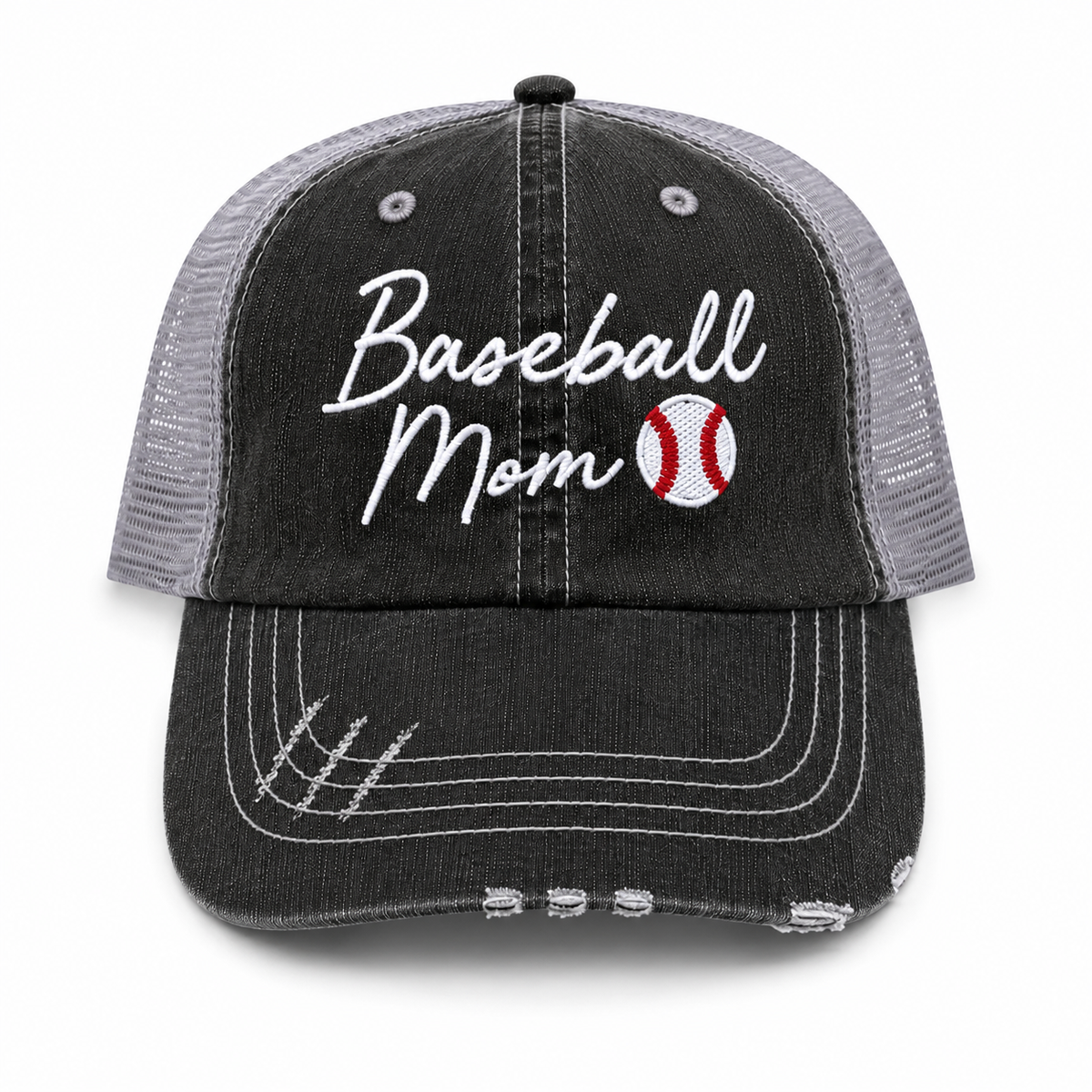 Baseball Mom Script trucker hat in distressed black denim front with white script embroidery and baseball detail, shown on a white background.
