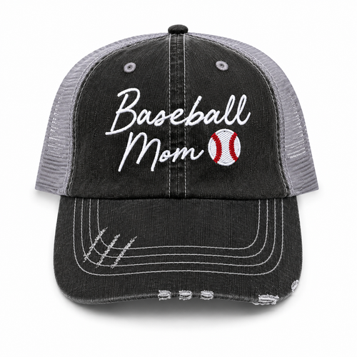 Baseball Mom Script trucker hat in distressed black denim front with white script embroidery and baseball detail, shown on a white background.
