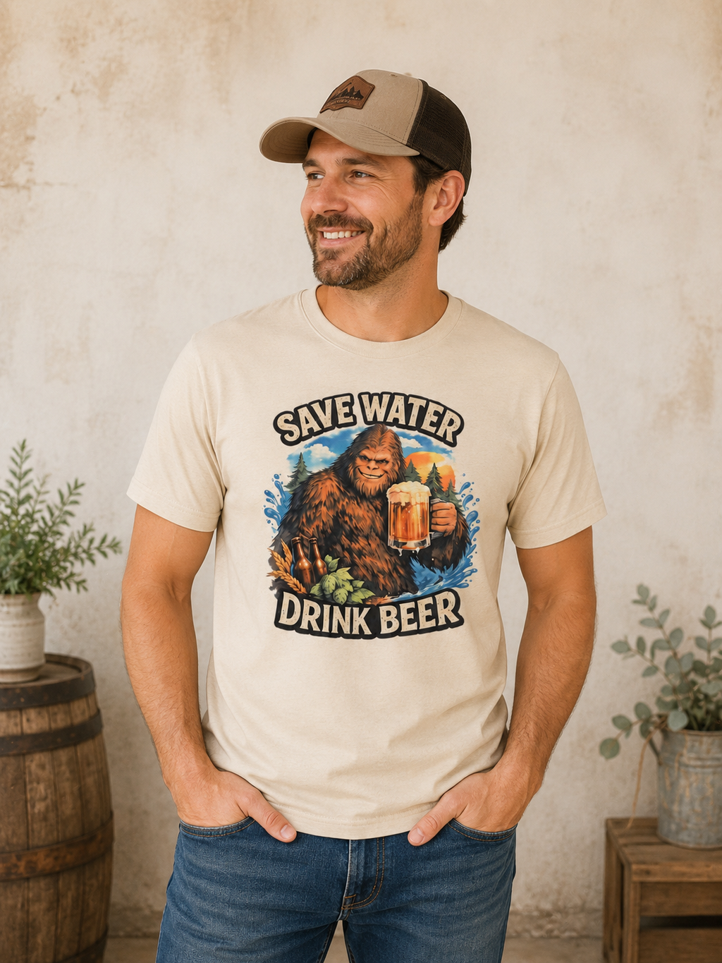 Man wearing a cream Save Water Drink Beer Bigfoot T-Shirt featuring a colorful Bigfoot camping and beer graphic.