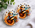 Be Yourself car coasters with fuzzy bumblebee and sunflower design