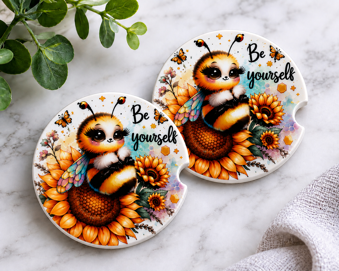 Be Yourself car coasters with fuzzy bumblebee and sunflower design