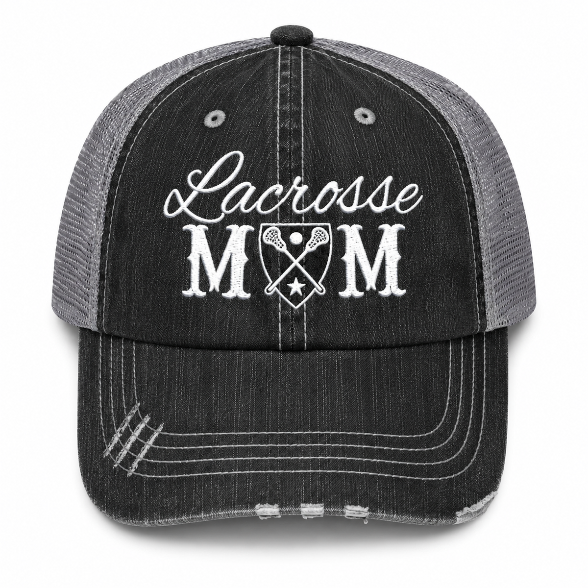 Lacrosse Mom trucker hat in washed black with gray mesh back and embroidered lacrosse crest design, shown on a white background.
