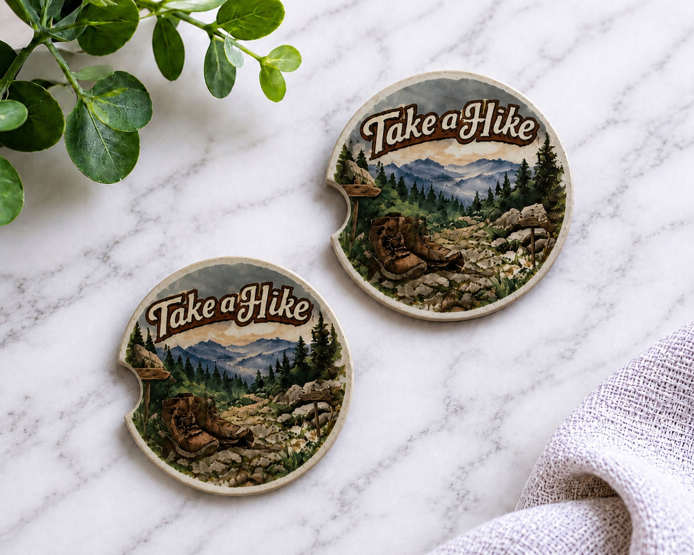 Take a Hike car coasters with watercolor mountain trail hiking boots and pine forest design