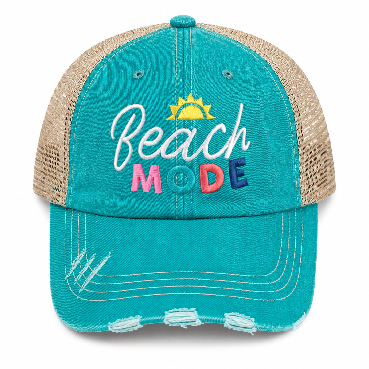 Beach Mode trucker hat in teal distressed front with colorful embroidery and tan mesh back, shown on a white background.
