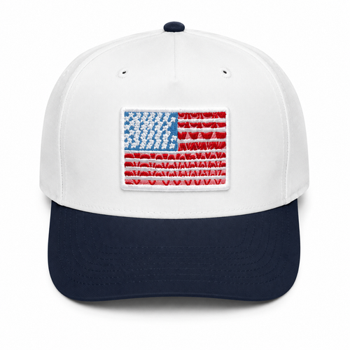 American Flag Patch Baseball Cap in white crown with navy brim and embroidered American flag patch, shown on a white background.


