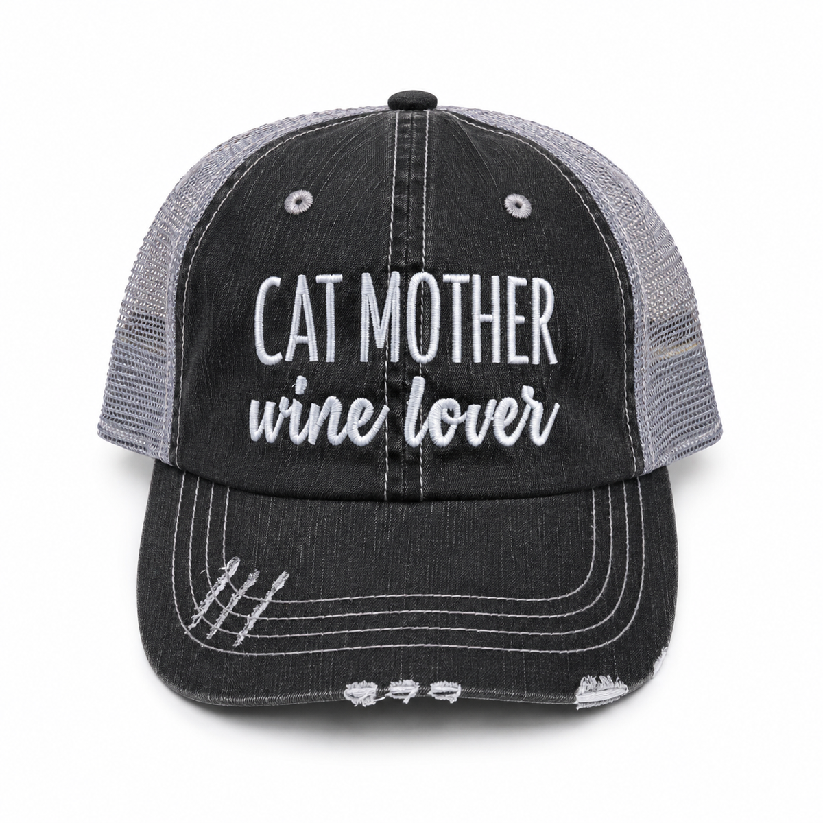 Cat Mother Wine Lover trucker hat in distressed black denim front with white embroidery and gray mesh back, shown on a white background.
