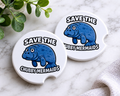 Save the Chubby Mermaids white car coasters featuring a cartoon manatee