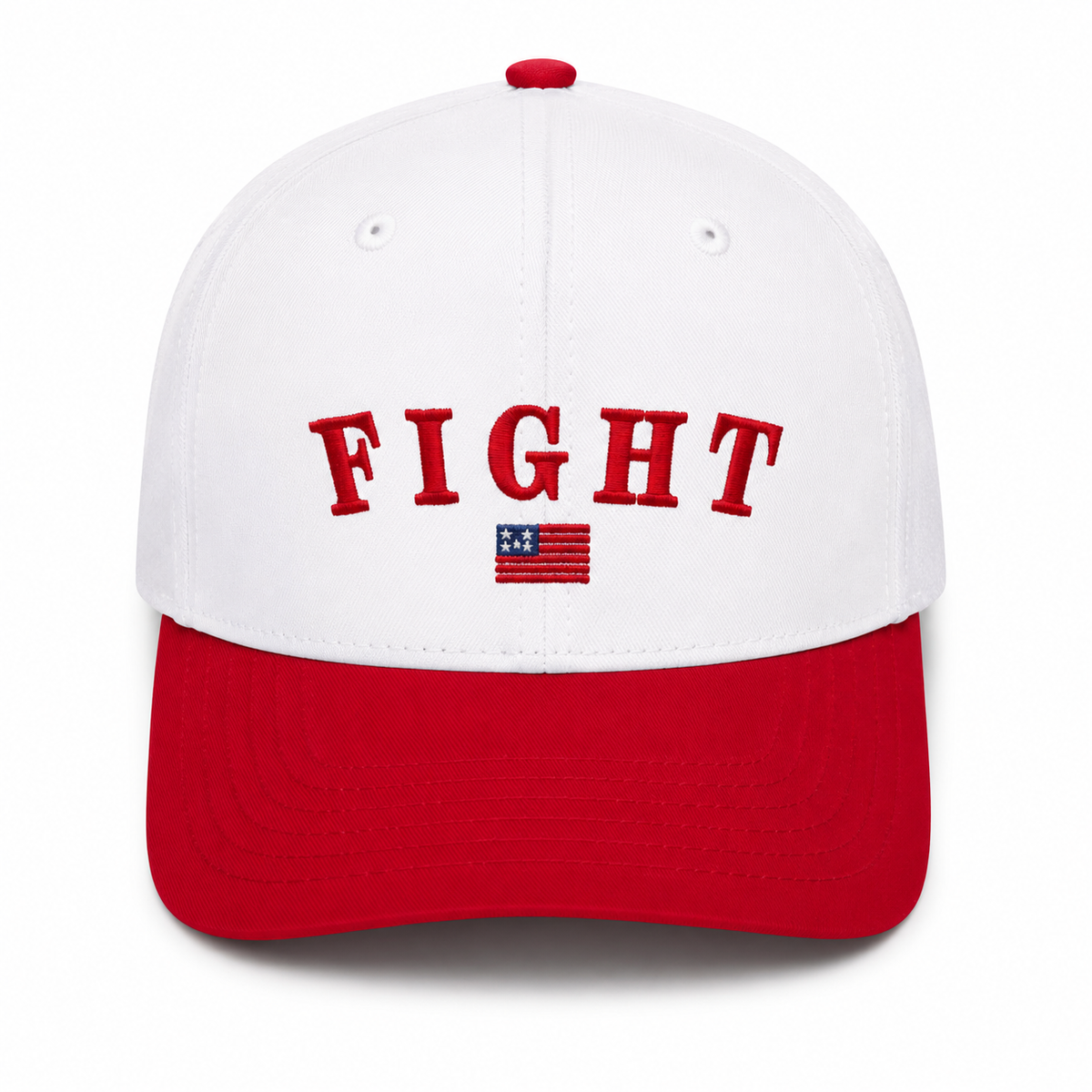 Fight Baseball Cap in white crown with red brim and bold red collegiate embroidered "FIGHT" lettering with American flag accent, shown on a white background.
