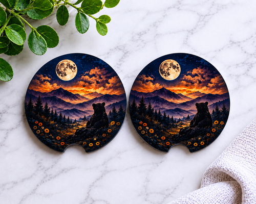 Bear Under the Full Moon car coasters with mountain and wildflower night scene