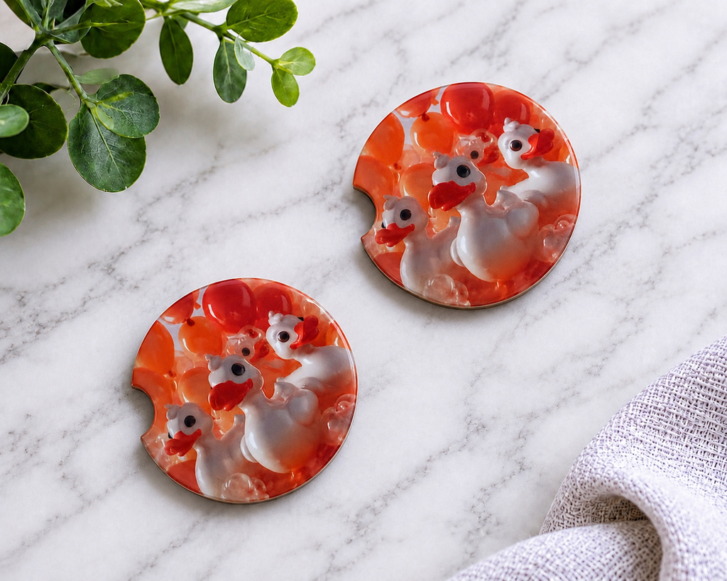 Resin Duck Art Car Coaster Set — set of 2 resin car coasters with 3D white rubber ducks and red beads embedded in orange resin, on marble background
