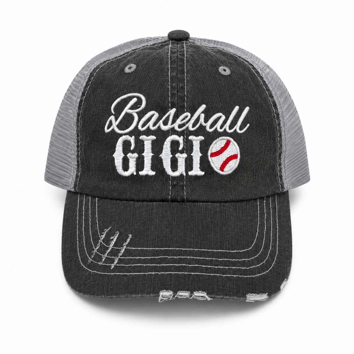 Baseball Gigi trucker hat in distressed black denim front with white script embroidery and baseball detail, shown on a white background.
