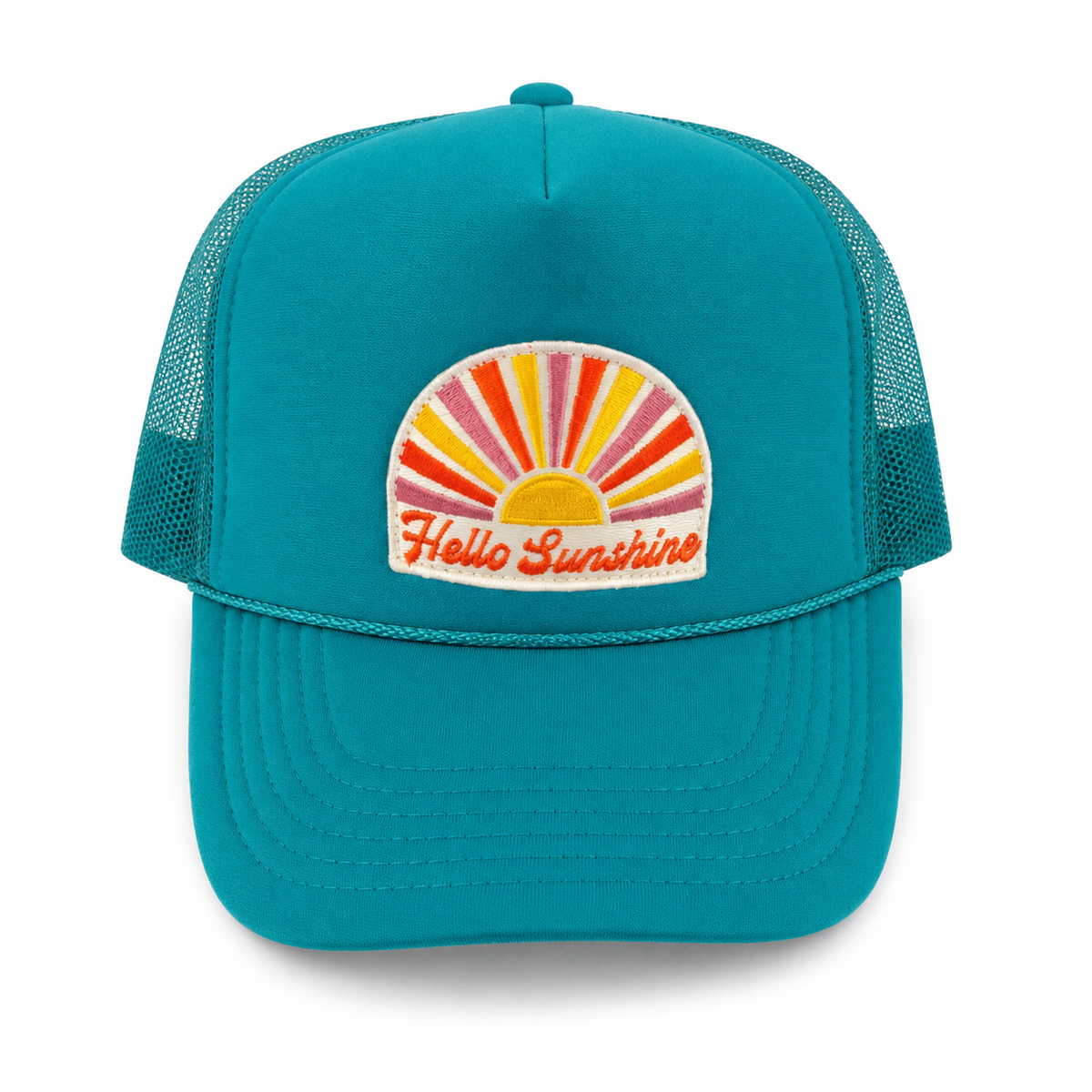 A teal trucker hat with a colorful embroidered 'Hello Sunshine' sun patch on the front, set against a plain white background.