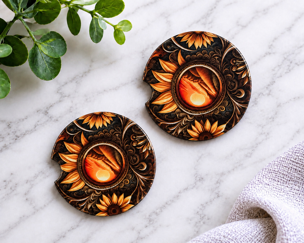 Sunflower Tooled Leather car coasters with dark amber scrollwork and glowing sunset medallion design
