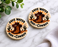 Save Water Ride a Cowboy car coasters with western boots hat and cactus design