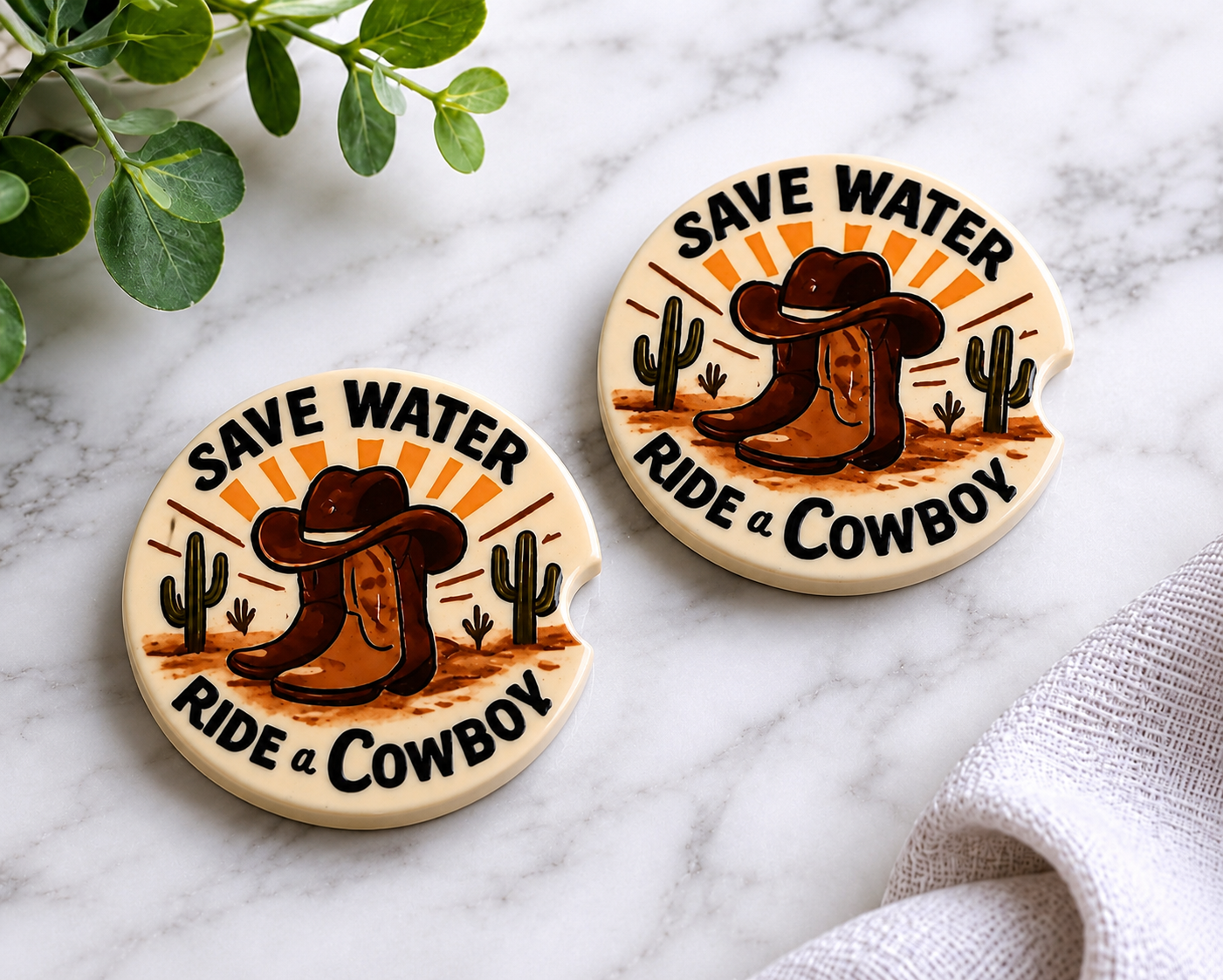 Save Water Ride a Cowboy car coasters with western boots hat and cactus design