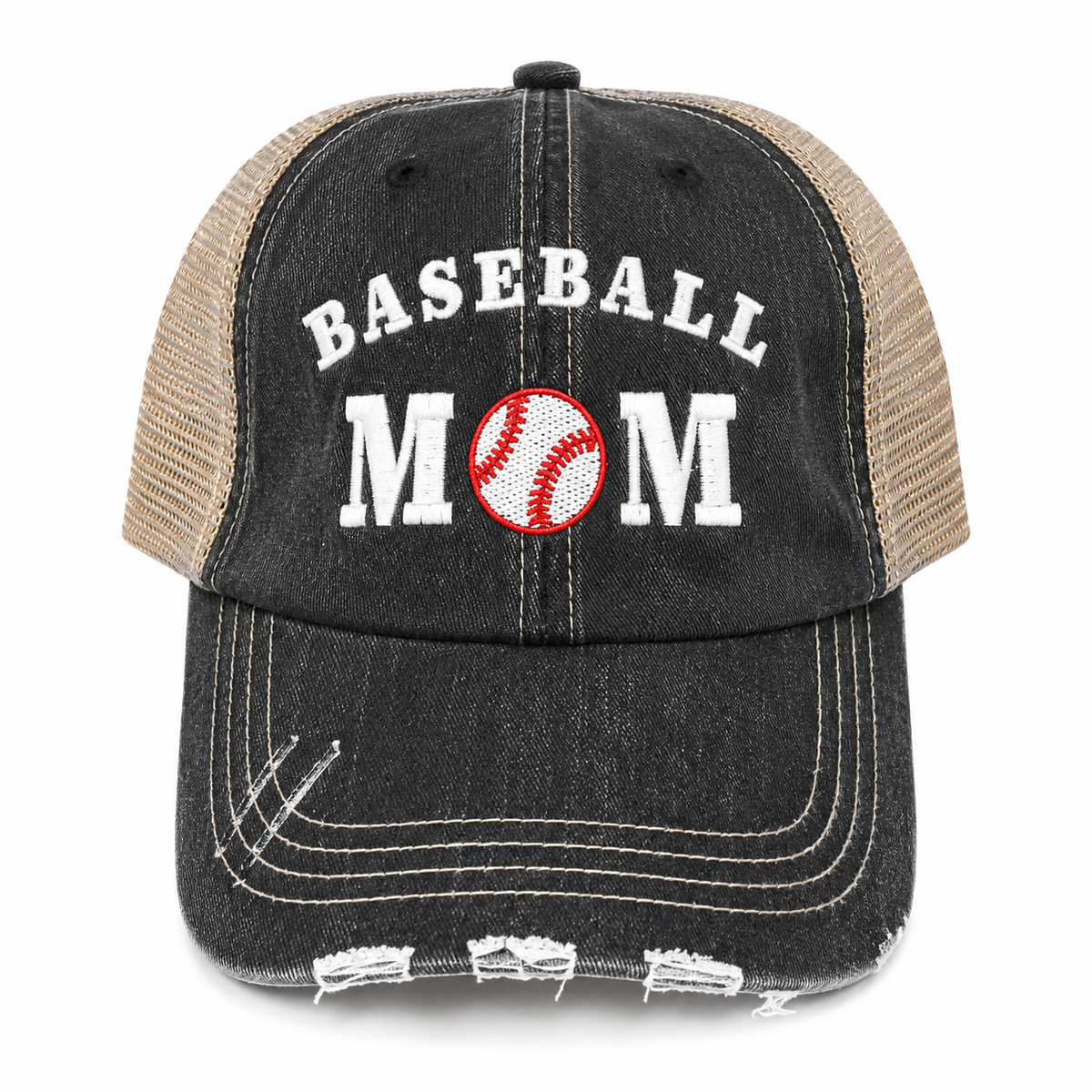A distressed trucker-style baseball cap with a black washed front panel and beige mesh back. The front features white embroidered text reading 'BASEBALL MOM' with a red and white baseball graphic replacing the letter 'O'.