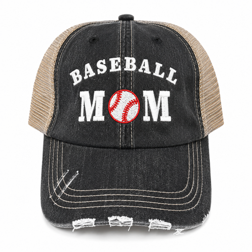A distressed trucker-style baseball cap with a black washed front panel and beige mesh back. The front features white embroidered text reading 'BASEBALL MOM' with a red and white baseball graphic replacing the letter 'O'.