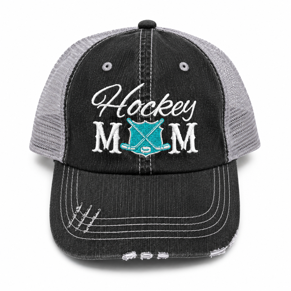 Hockey Mom trucker hat in distressed black denim front with white embroidery and crossed hockey sticks detail, shown on a white background.
